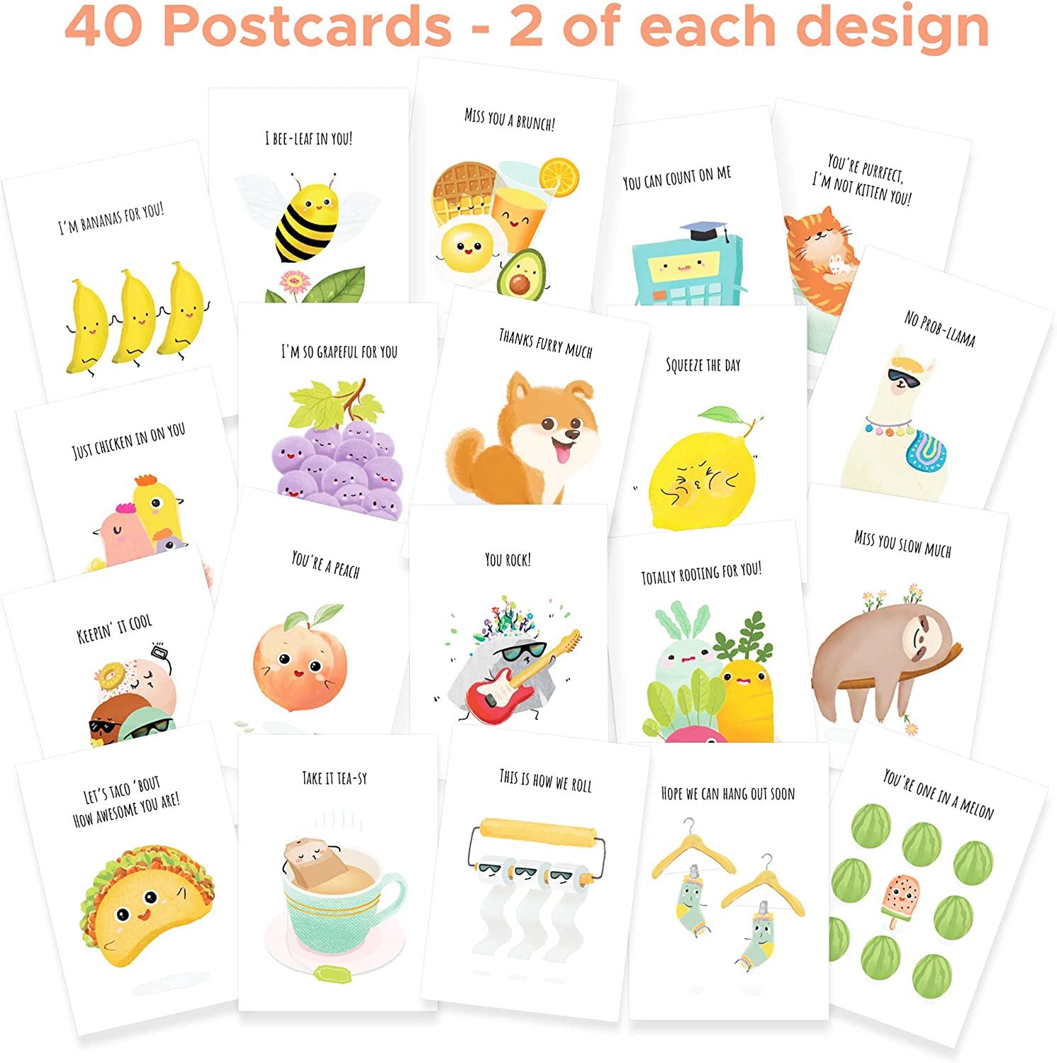 40 Funny Postcards Punny Puns - Bulk Thinking of You Postcard Pack for Friends, Family, Kids, Students, Teacher, and More - Say Hello, Thank You or I Miss You with Hilarious Animals and Food Cartoon Note Cards - Image 3